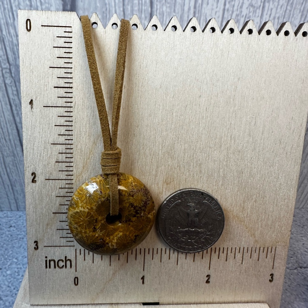 Yellow Coral Fossil Donut Pendant on Brown Faux Suede - Picture 3 of 11